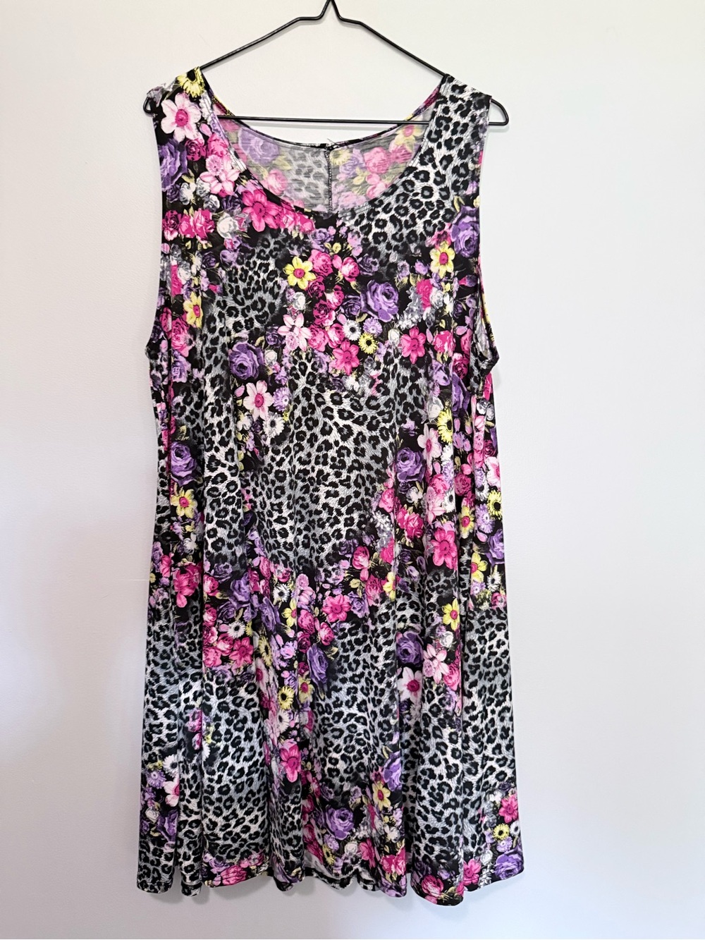 Floral & Leopard Print XL Sleeveless Shift Dress - Pink Purple